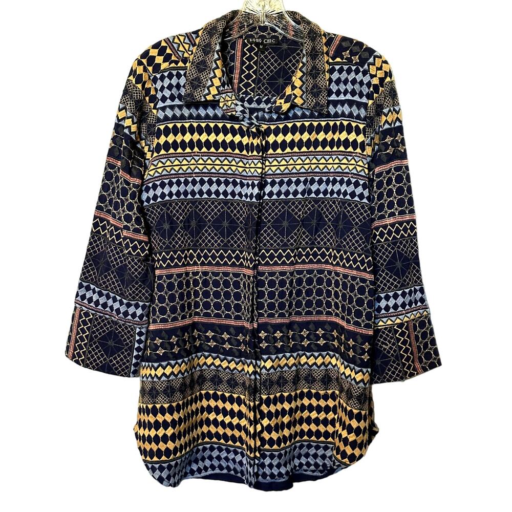 Boho Chic Embroidered Button Up Tunic 3/4 Sleeve Women's Size Medium Hippie